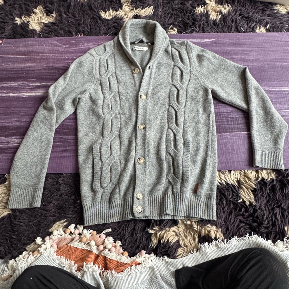 Ben Sherman Gray Cardigan Sweater with Cable Knit Texture and Long Sleeves